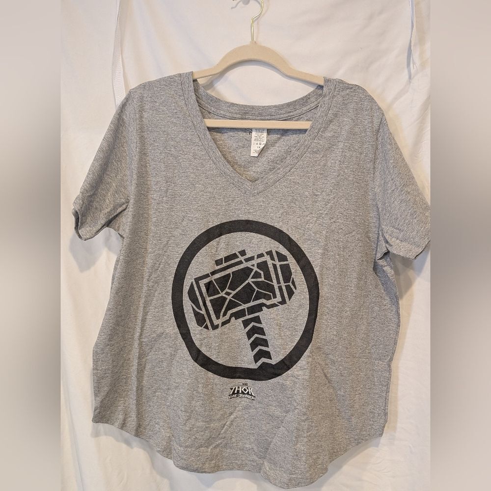 Thor Ragnarok Gray V neck Tee with Black Disney Hammer Logo Marvel